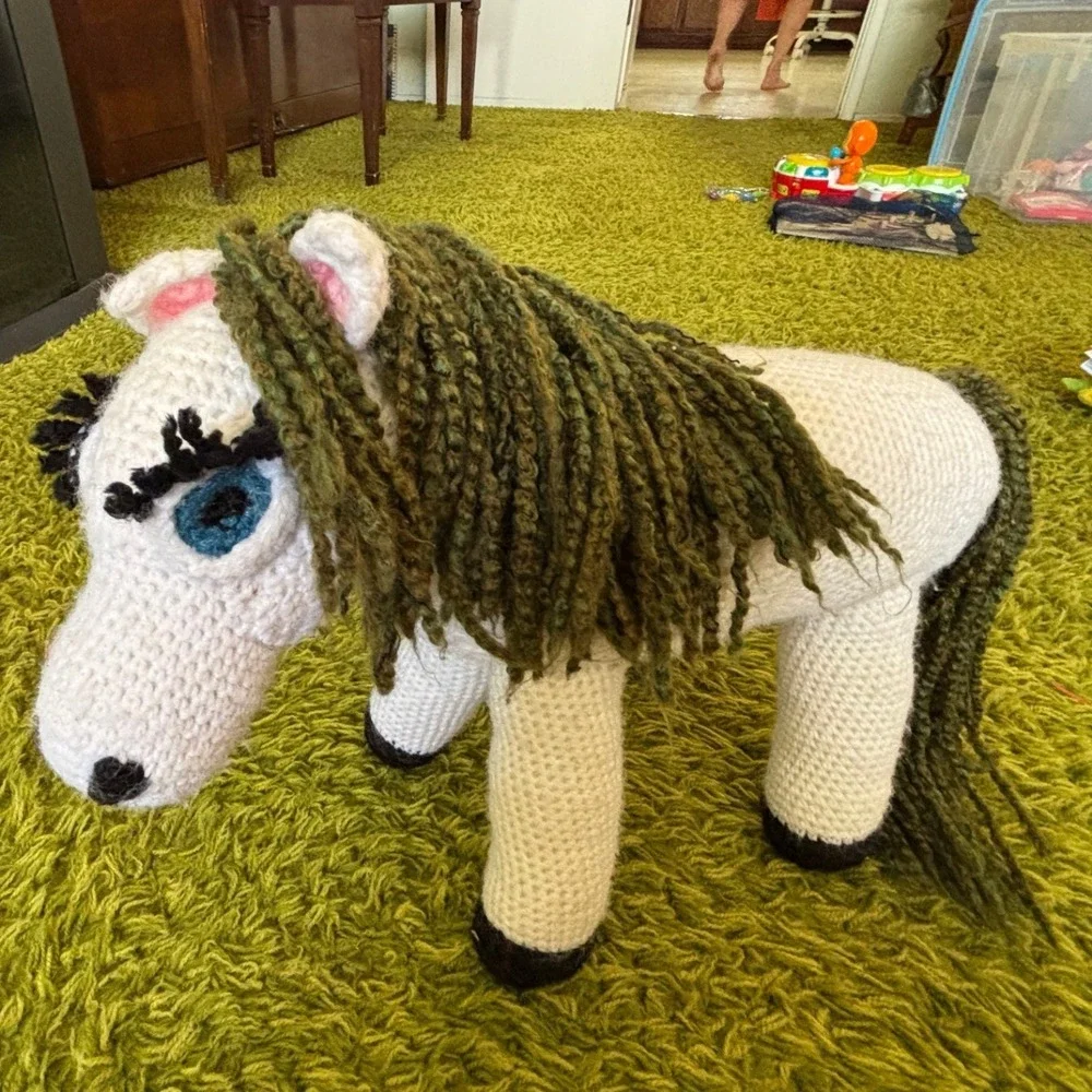 Handmade Crochet Horse Plush White Green Mane Amigurumi Folk Art Pony 12